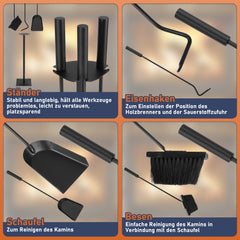 SWANEW Kaminbesteck Set, 3-teiliges, Kamingarnitur mit Besen, Schaufel, Eisenhaken, Ständer, Kaminzubehör, Ofenbesteck Schwarz