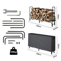 SWANEW Großes Kaminholzregal mit wasserdichter Abdeckung Feuerholzregal Metall Schwarz 244x34.5x124cm Brennholzregal für Innen- und Außenbereich Wetterfest