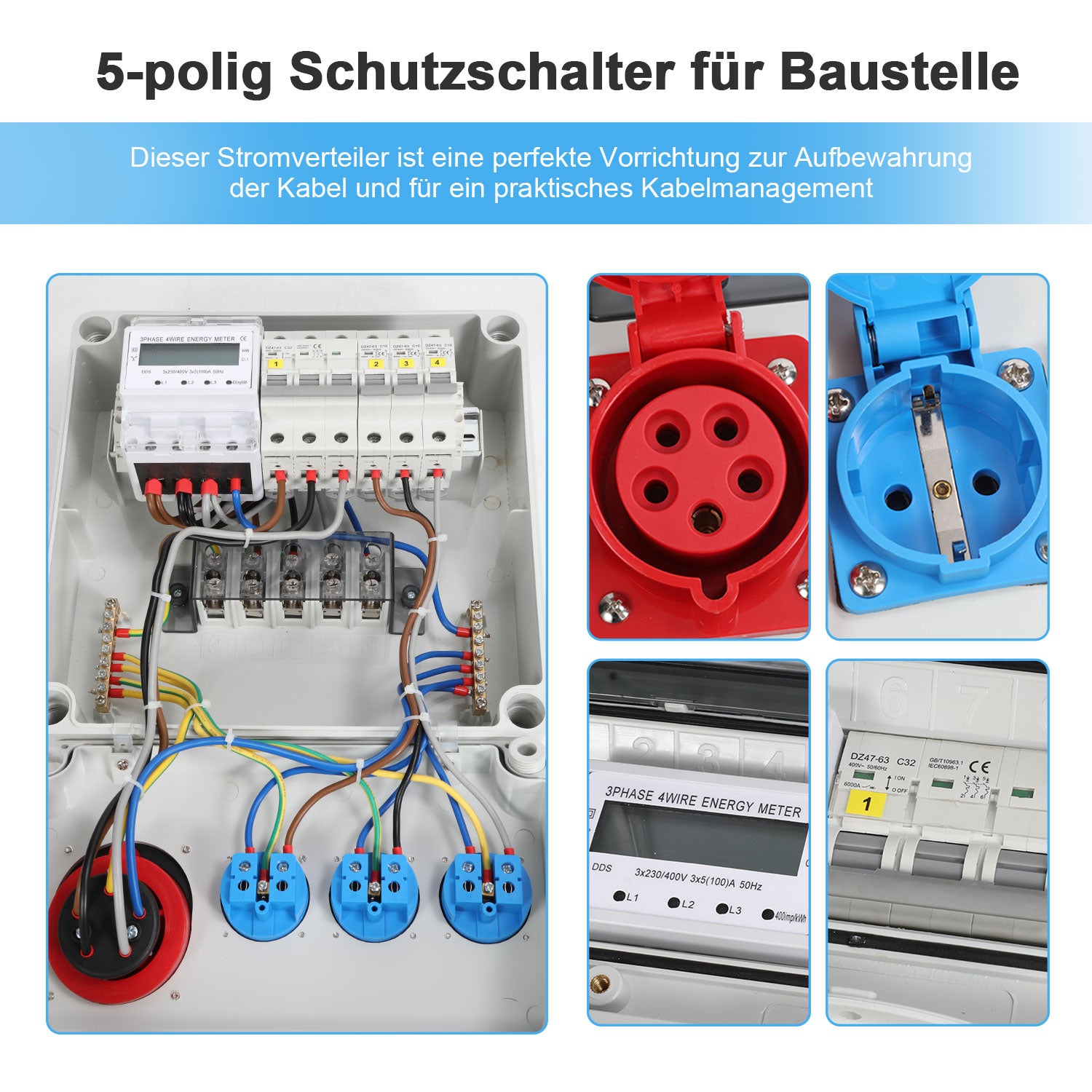SWANEW Wandverteiler, Baustromverteiler 3x16A 230V, 1x CEE+32A 5 polig Steckdosen mit MCB Leitungsschutzschalter, 3-Phasen Stromverteiler IP44 Mit Sicherheitsklappdeckeln