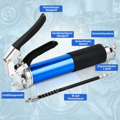 SWANEW Einhand Fettpresse mit Pistolengriff 8000PSI Handhebelfettpresse inkl. Flexschlauch und Gerades Metallrohr, Pistolenfettpresse Kompatibel mit 400g Kartusche oder Loses Fett