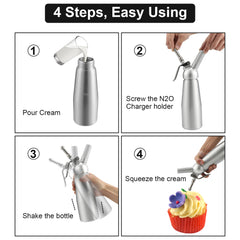 SWANEW Sahnespender Aluminium/Edelstahl Sahnesyphon, 0,5 L Mit 3 Edelstahl Deko-Düsen und Reinigungbürste