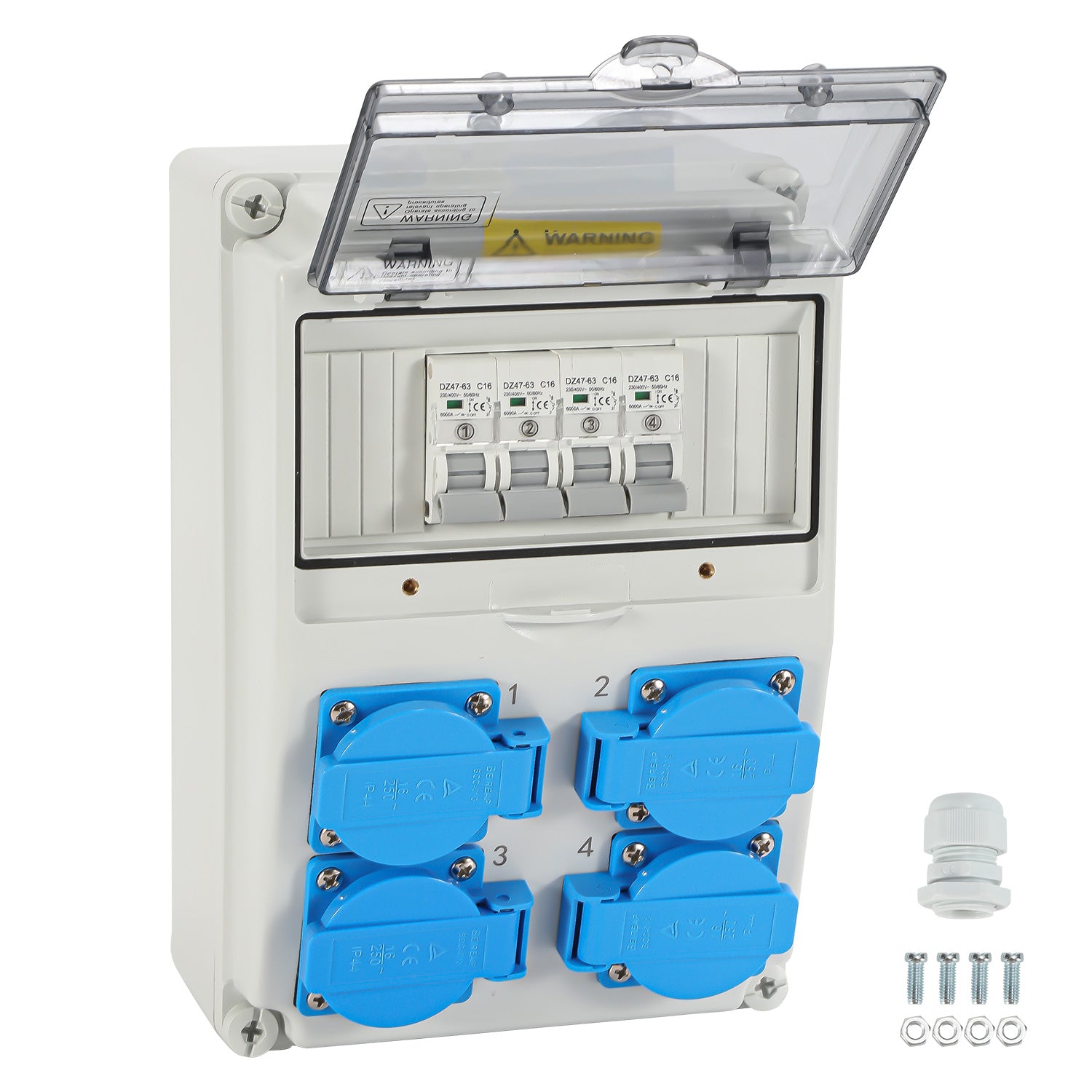 SWANEW Wandverteiler mit Leitungsschutzschalter, Baustromverteiler, 4xSchuko-Steckdose und CEE-Steckdose 16A, Stromverteiler, IP44