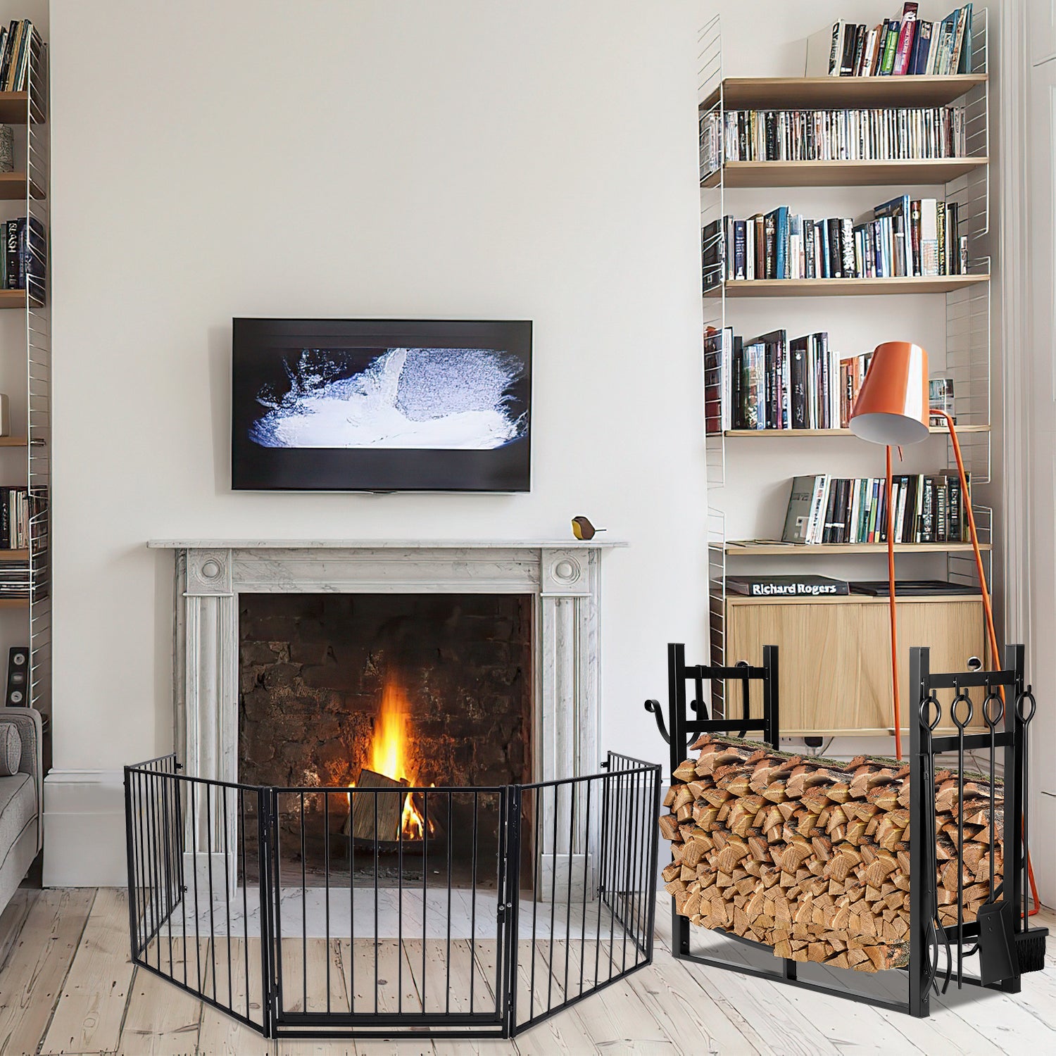 SWANEW kaminholzregal Innen und Aussen, mit Kaminbesteck, Metall Brennholzregal, Holzunterstand für Kaminholz, 37 x 33 x 74CM, Schwarz