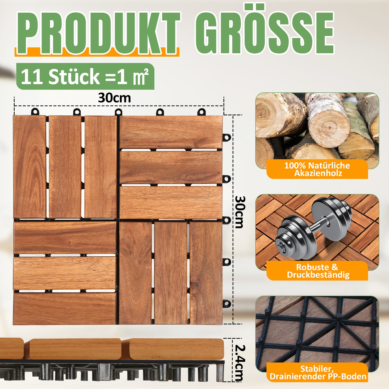 Holzfliesen 30 x 30 cm aus Akazienholz