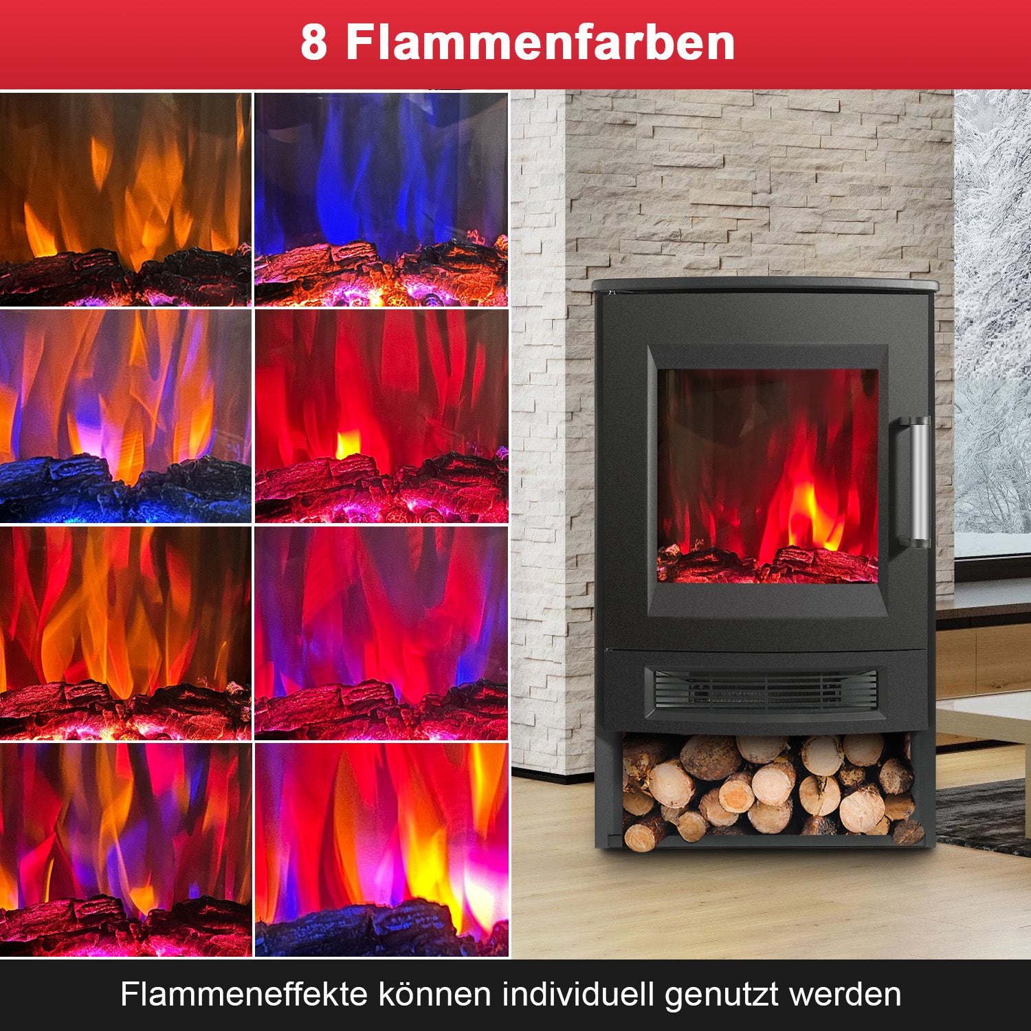 SWANEW Elektrokamin mit Heizlüfter Fernbedienung, 900/1800W Elektro Kamin mit Thermostat Heizfunktion, Timer, Elektrischer Heizung LED Kaminfeuer Effekt, WiFi Fernbedienung