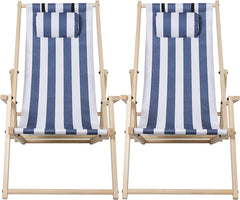 SWANEW 2er Set Liegestuhl Klappbar Holz, Gartenliege Strandstuhl Faltbar, 3-Fach Verstellbare RĂŒckenlehne Klappliegestuhl, Strandliege mit Kopfkissen & Armlehnen (Blaue und weiĂe Streifen)