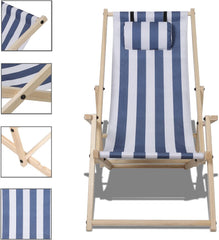 SWANEW 2er Set Liegestuhl Klappbar Holz, Gartenliege Strandstuhl Faltbar, 3-Fach Verstellbare RĂŒckenlehne Klappliegestuhl, Strandliege mit Kopfkissen & Armlehnen (Blaue und weiĂe Streifen)