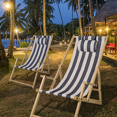 SWANEW 2er Set Liegestuhl Klappbar Holz, Gartenliege Strandstuhl Faltbar, 3-Fach Verstellbare RĂŒckenlehne Klappliegestuhl, Strandliege mit Kopfkissen & Armlehnen (Blaue und weiĂe Streifen)