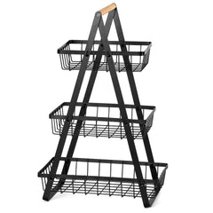 SWANEW 3-Ebenen Aufbewahrungskorb Multifunktionaler Schwarzer Metall mit Holzgriff