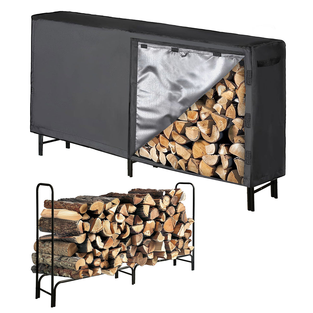 SWANEW Großes Kaminholzregal mit wasserdichter Abdeckung Feuerholzregal Metall Schwarz 244x34.5x124cm Brennholzregal für Innen- und Außenbereich Wetterfest