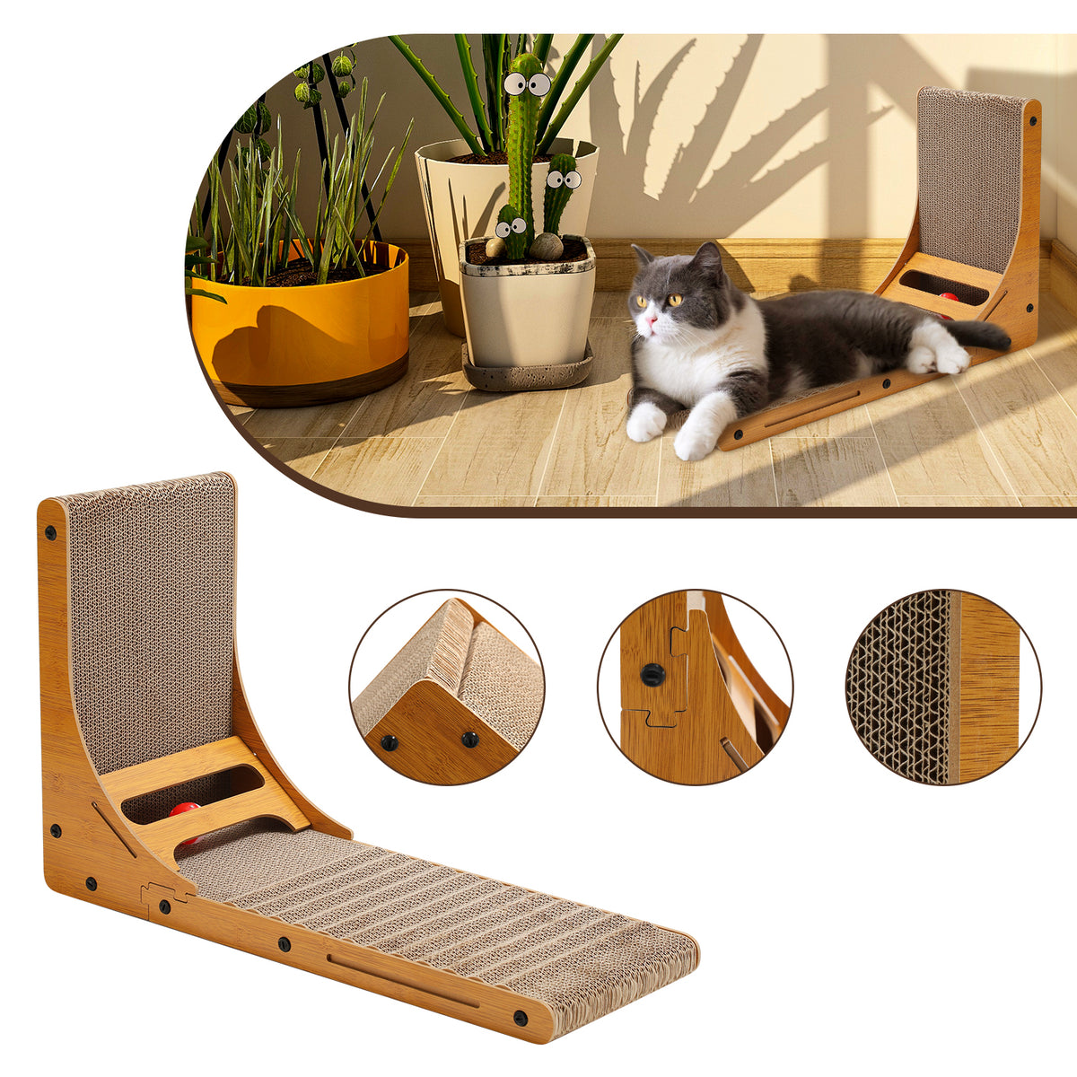 SWANEW Katzen Kratzbrett L förmig Kratzpappe Kratzmatte Eckkratzbrett, 62 cm Hohe Katzenkratzbrett mit Ballspielzeug