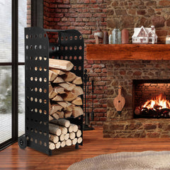 SWANEW Kaminholzwagen Brennholzwagen Kaminholzständer Trolley,Kaminzubehör Holzkarre 60kg, Mit Lochplatte, 42x35x112cm