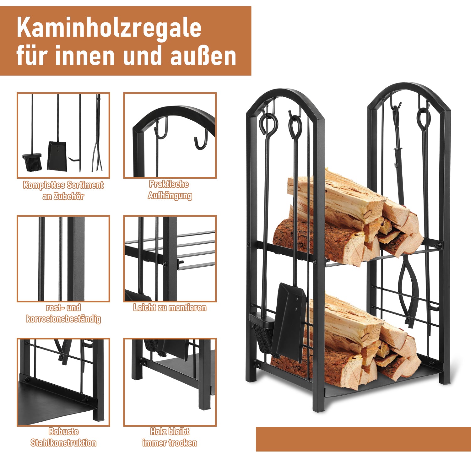 SWANEW kaminholzregal Innen und Aussen, mit Kaminbesteck, Metall Brennholzregal, Holzunterstand für Kaminholz, 37 x 33 x 74CM, Schwarz