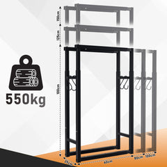 SWANEW Verstellbare Kaminholzregal, Feuerholzregal Metall, Brennholzregal mit 4 Haken