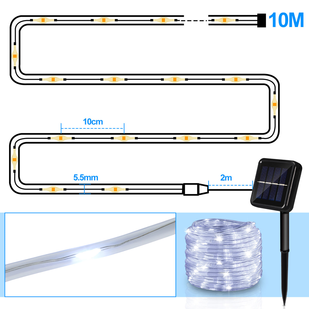 SWANEW Solar LED Lichtschlauch für Außen, 100 LEDs Lichterschlauch, IP65 LED Lichterkette, 8 Beleuchtungsmodi, 10-30m [Energieklasse F]