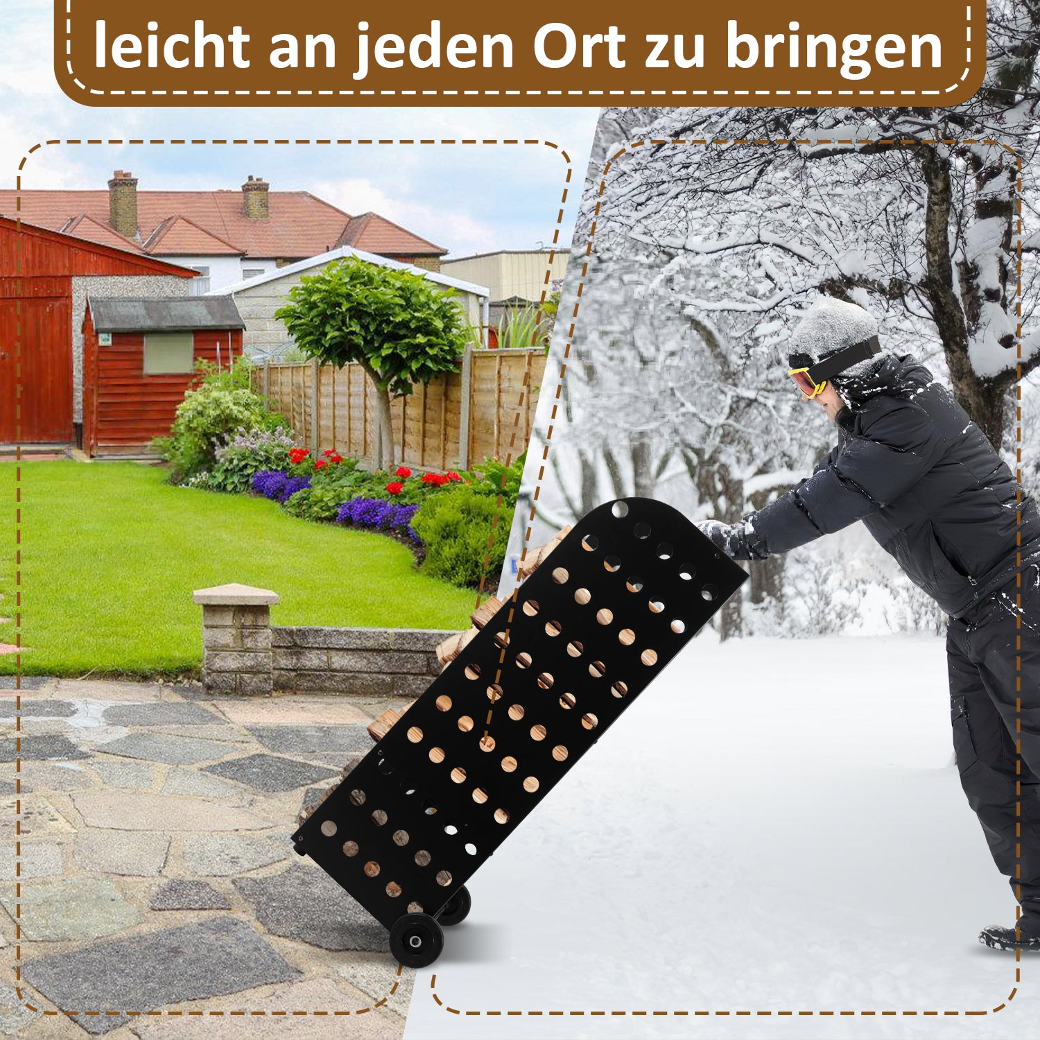 SWANEW Kaminholzwagen Brennholzwagen Kaminholzständer Trolley,Kaminzubehör Holzkarre 60kg, Mit Lochplatte, 42x35x112cm