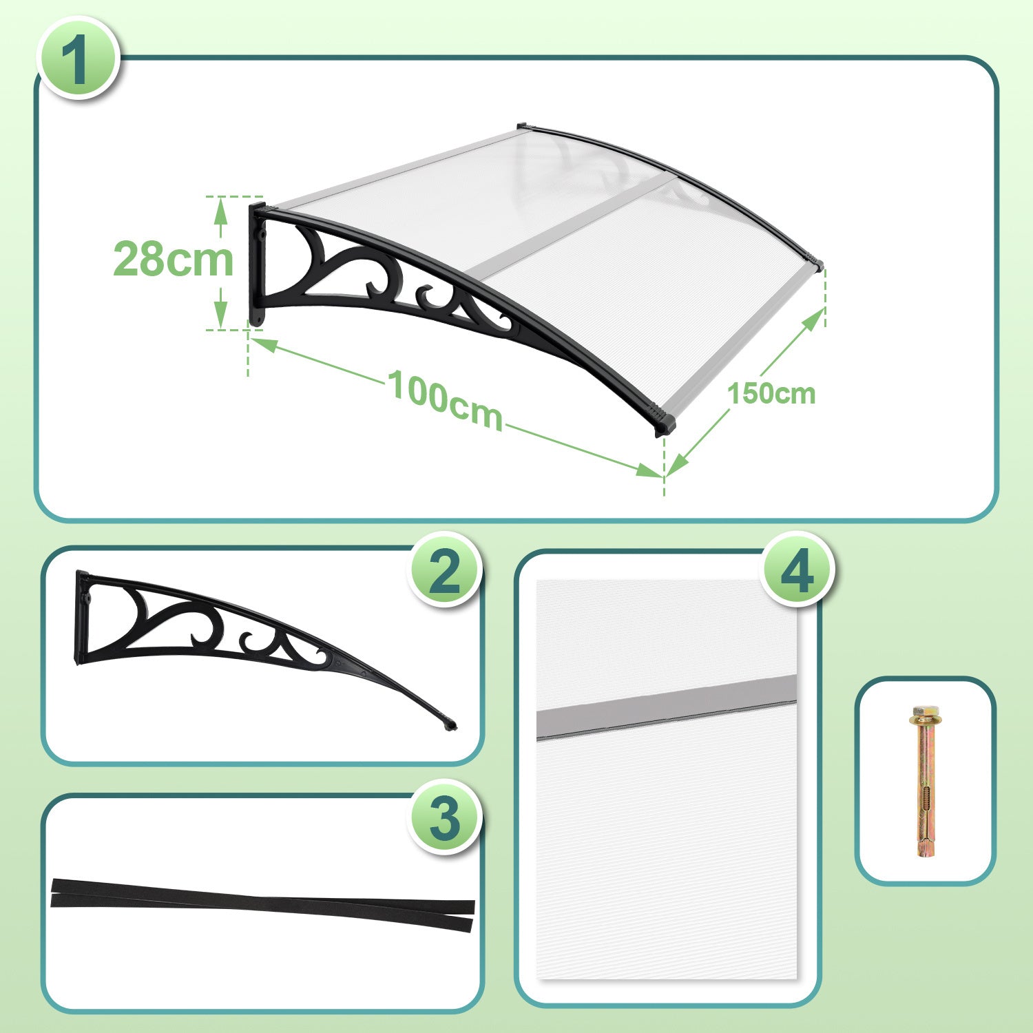 SWANEW Vordach für Haustür, 5 mm Überdachung, Transparentes Pultbogenvordach, Polycarbonat Pultvordach, Türdach für draußen