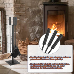 SWANEW Kaminbesteck Set, 3-teiliges, Kamingarnitur mit Besen, Schaufel, Eisenhaken, Ständer, Kaminzubehör, Ofenbesteck Schwarz