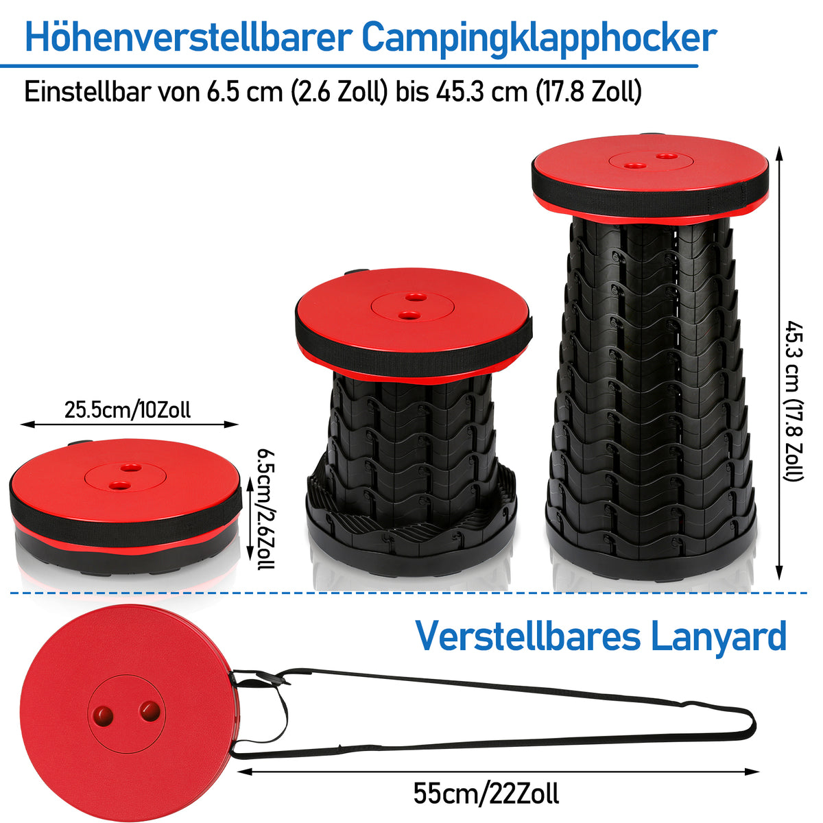 SWANEW Tragbarer Klapphocker, Leichte Teleskophocker, 6-44 cm Höhenverstellbare Falthocker, Tragfähigkeit 150 kg