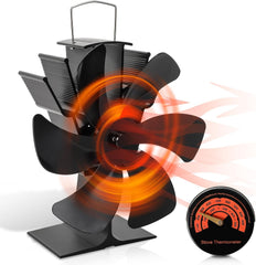 SWANEW Kaminventilator ohne strom mit 6 Blättern, Ofenventilator, Ventilator für Kaminofen, Kaminlüfter Überhitzungsschutz mit Temperaturemeter