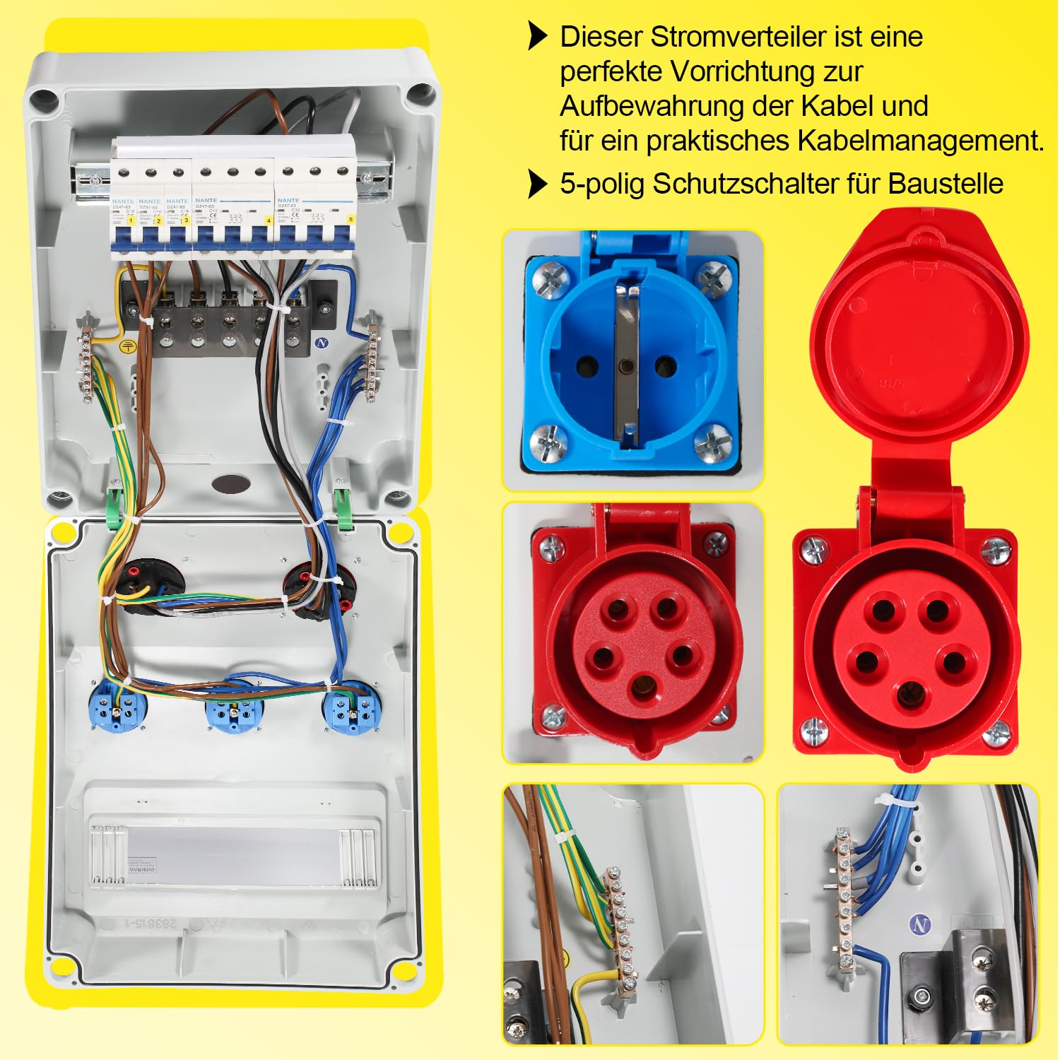 SWANEW Wandverteiler mit Leitungsschutzschalter,5 Polig Baustromverteiler, Stromverteiler 3x230V+1x16A+1x32A/400V CEE, Verteiler IP44