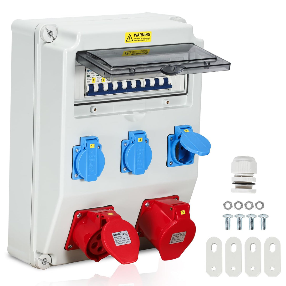 SWANEW Wandverteiler mit Leitungsschutzschalter,5 Polig Baustromverteiler, Stromverteiler 3x230V+1x16A+1x32A/400V CEE, Verteiler IP44