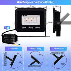 SWANEW RGB LED Strahler Außen mit Fernbedienung, 10/20/30/50 W Fluter LED Dimmbar, Flutlicht IP66 Wasserdicht, 4 Modi