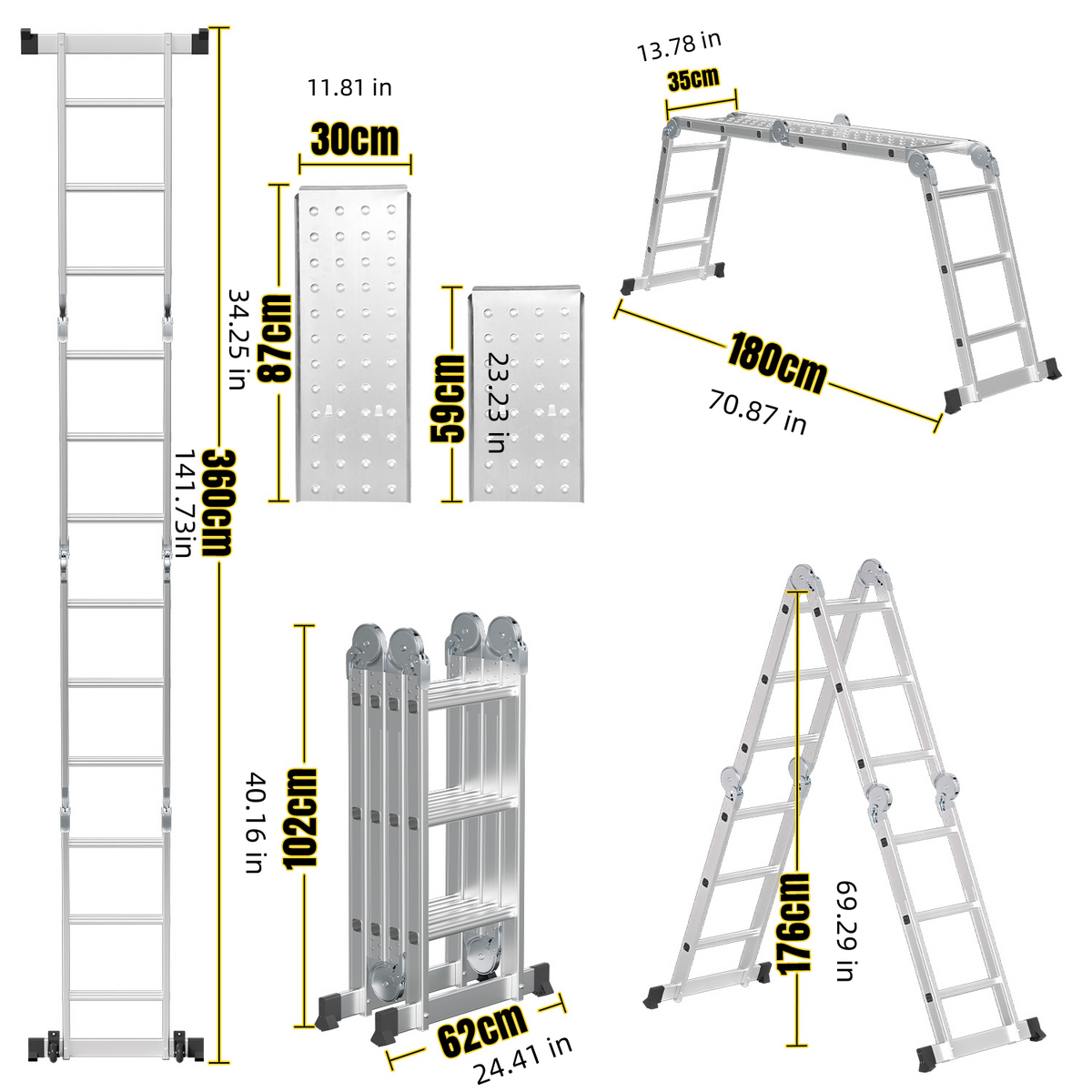 SWANEW 3,6m/4,7m/5,82m Aluminium Mehrzweckleiter 4x3/4x4/4x5 Stufen, Multifunktionsleiter mit 2 Plattform und Räder, Klappleiter, Trittleiter