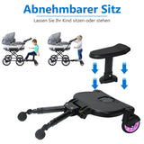 SWANEW Buggy Board mit Sitz, Kiddy Board Trittbrett, Universal Stehbrett, 360°Zweirad Design, Kinderwagen Zubehör, mit Kinderwagensitz, passend für jeden Kinderwagen erhältlich