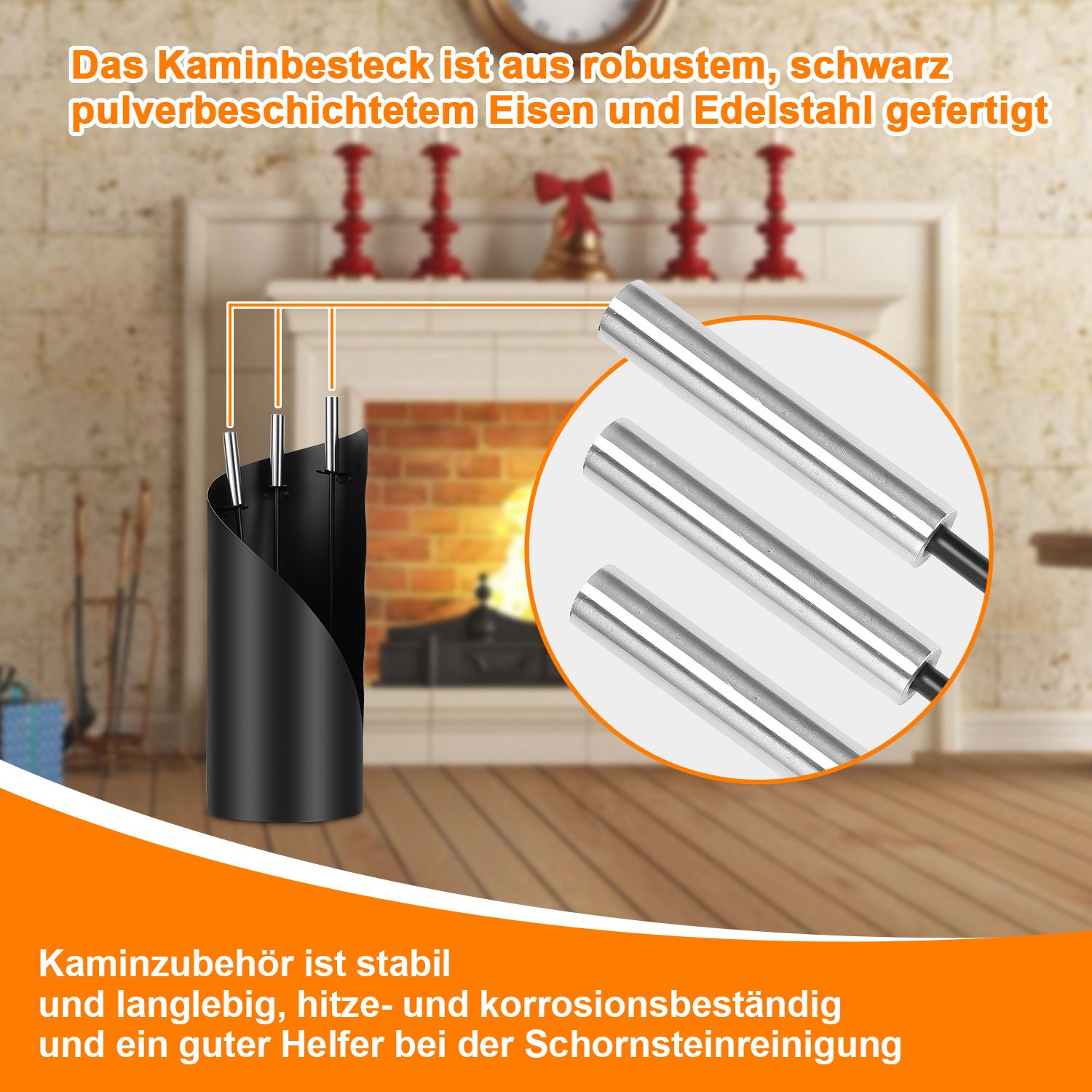 SWANEW Kaminbesteck Set 4 teilig Kaminzubehör mit Kaminaufbewahrung Kaminreinigungsset Kaminwerkzeuge Schwarz