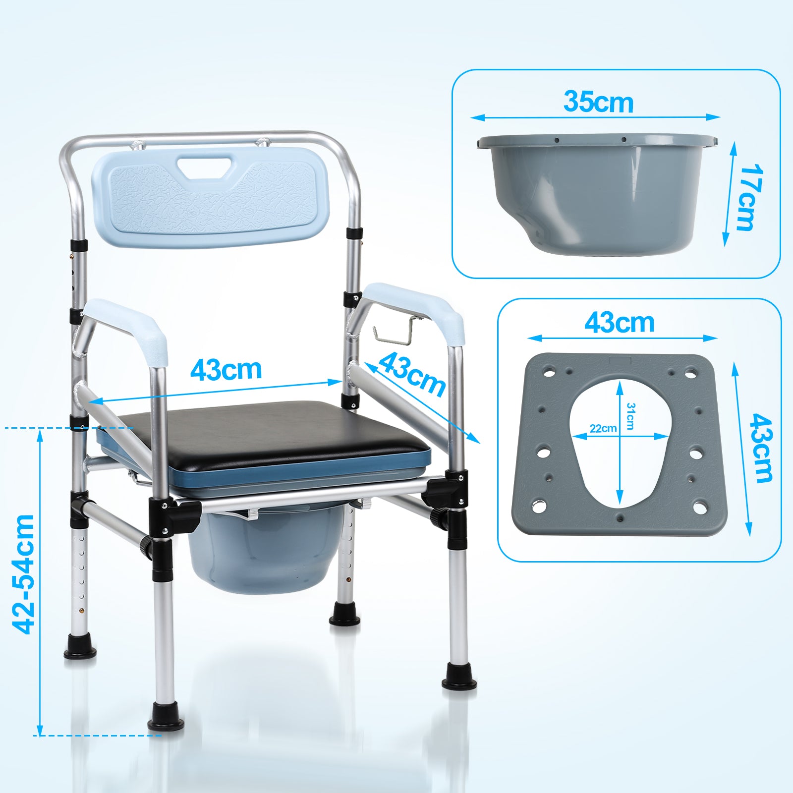 Toilettenstuhl, Duschhocker, WC-Stuhl Höhenverstellbar 42-54cm