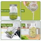 SWANEW Sprossenglas Keimglas, 2er Set Sprossenglas mit Deckel & Sieb, 950ML Kapazität 2 Einstellbare Halterung 1 Weiß Drip Tray, Sprossen Keimgerät