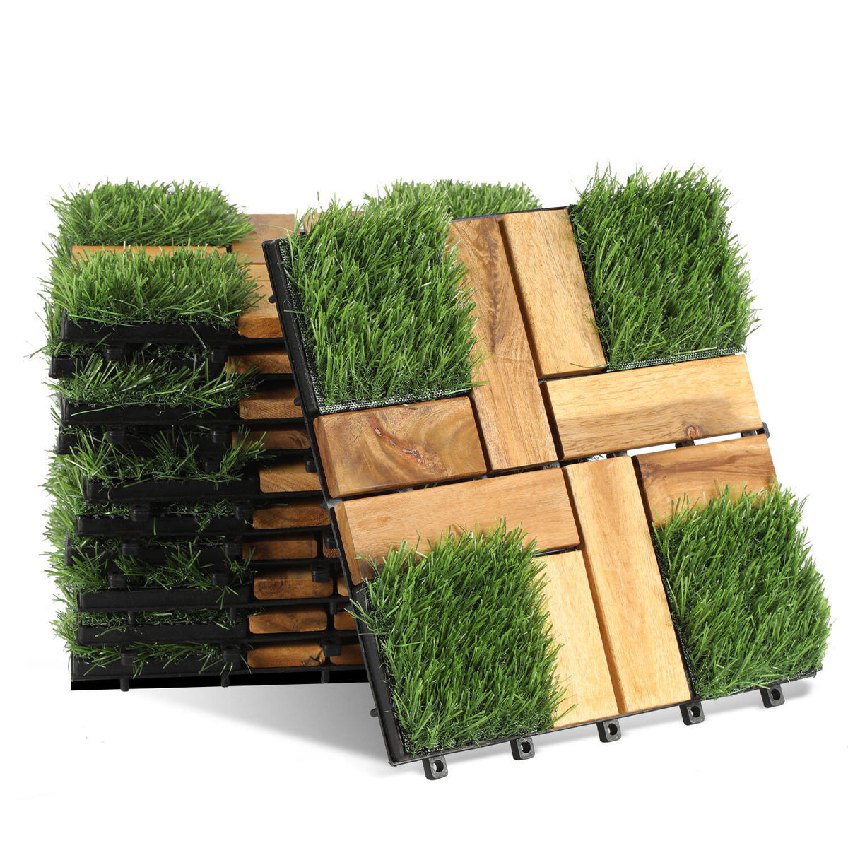 SWANEW Holzfliesen aus Akazien Holz, Balkonfliesen mit Künstlichem Gras, Dekorationsbodenmatte