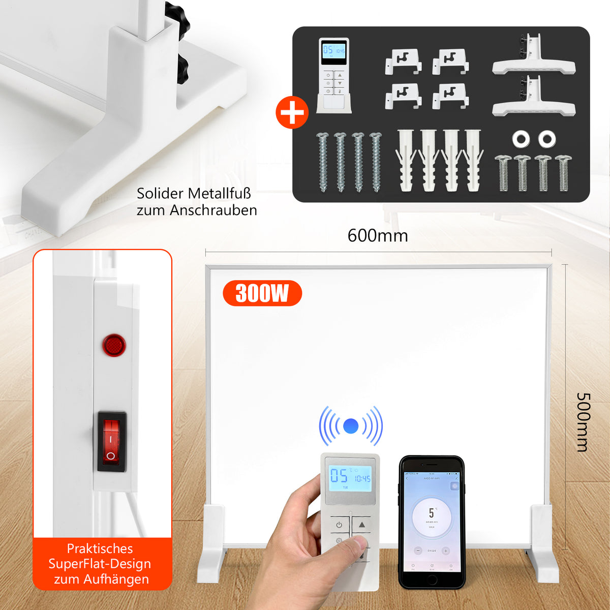 SWANEW Infrarotheizung 300W-1200W mit Thermostat, Infrarot Wandheizung mit Überhitzungsschutz, Wandheizung Elektrisch, Mobile & Energiesparend