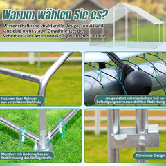 SWANEW Hühnerstall, 3x8x2m, Freilaufgehege, Kleintierstall, Voliere