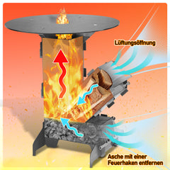 SWANEW Raketenofen mit Grillplatte und Feuerhaken, Rocket Stove Stecksystem aus 3 mm dickem Stahl, Raketenofen Outdoor Holzofen Campingkocher Kanonenofen für BBQ Terrasse