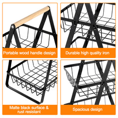SWANEW 3-Ebenen Aufbewahrungskorb Multifunktionaler Schwarzer Metall mit Holzgriff
