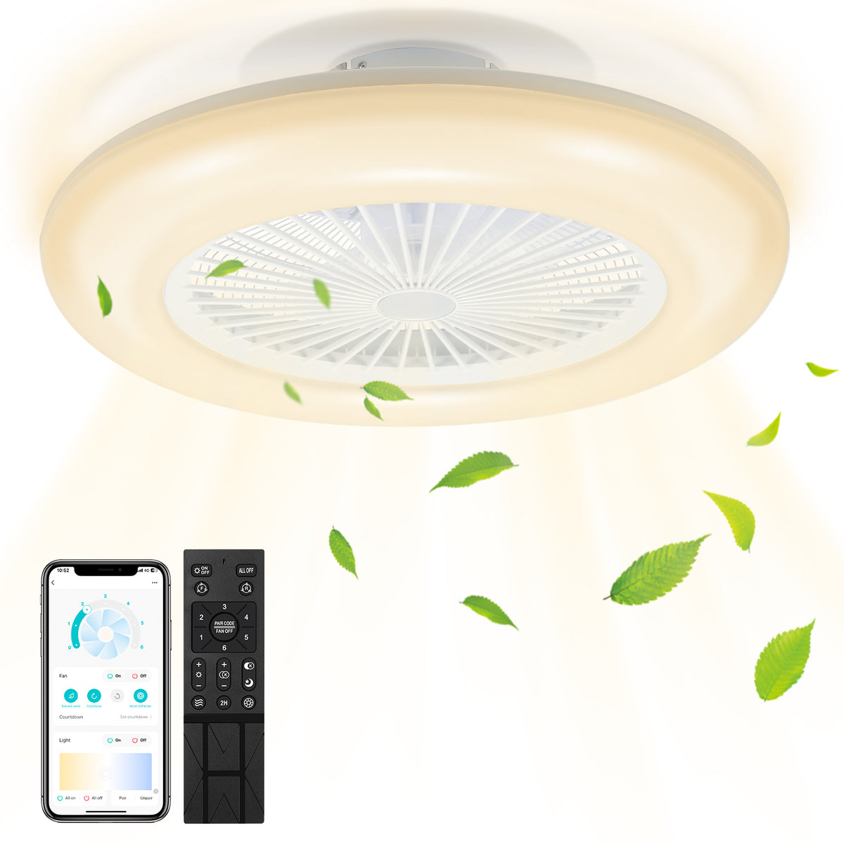 SWANEW 80W Deckenventilator mit Beleuchtung und Fernbedienung WLAN Ø55 cm, 6 Geschwindigkeiten, Dimmbar, Timer, Sommer-Winterbetrieb für Schlafzimmer Wohnzimmer [Energieklasse E]