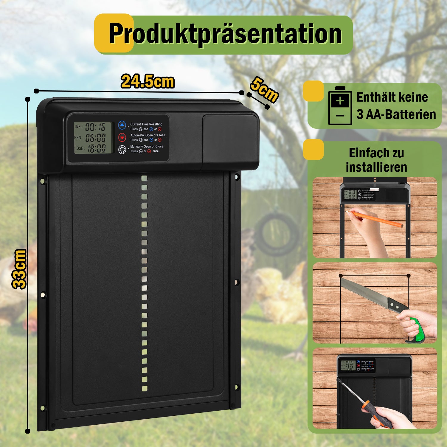 SWANEW Automatische Hühnerklappe – Elektrischer Hühnerstall-Türöffner mit Timer & großem Display – Wasserdicht & Robust für Hühner, Enten & Kleintiere