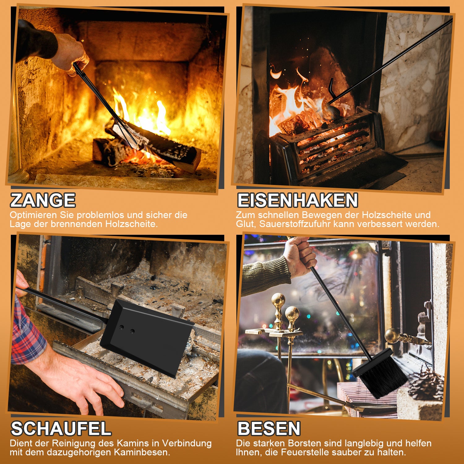 SWANEW kaminholzregal Innen und Aussen, mit Kaminbesteck, Metall Brennholzregal, Holzunterstand für Kaminholz, 37 x 33 x 74CM, Schwarz