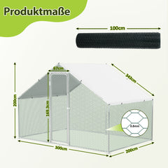 SWANEW Hühnerstall Freilaufgehege 3x3x2m, Hühnerhaus mit Schloss, Geflügelstall, Verzinkter Stahl