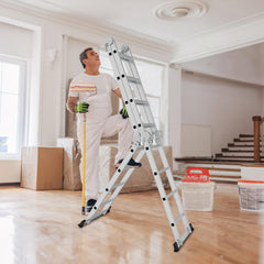 SWANEW 3,6m/4,7m/5,82m Aluminium Mehrzweckleiter 4x3/4x4/4x5 Stufen, Multifunktionsleiter mit 2 Plattform und Räder, Klappleiter, Trittleiter