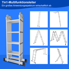 SWANEW 3,6m/4,7m/5,82m Aluminium Mehrzweckleiter 4x3/4x4/4x5 Stufen, Multifunktionsleiter mit 2 Plattform und Räder, Klappleiter, Trittleiter