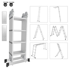 SWANEW 3,6m/4,7m/5,82m Aluminium Mehrzweckleiter 4x3/4x4/4x5 Stufen, Multifunktionsleiter mit 2 Plattform und Räder, Klappleiter, Trittleiter