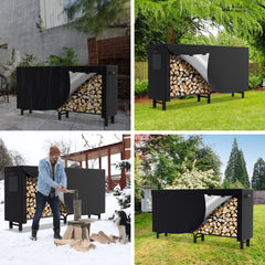 SWANEW Großes Kaminholzregal mit wasserdichter Abdeckung Feuerholzregal Metall Schwarz 244x34.5x124cm Brennholzregal für Innen- und Außenbereich Wetterfest