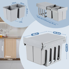 SWANEW 2x Abfallsammler, Einbau Mülleimer 2 x 15L, Mülltrennungssystem Mülleimer küche, Abfalleimer mit Teleskopschienen, für Schränke ab 350 mm Breite