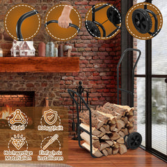 SWANEW Brennholzwagen, max. 80 kg, Kaminholzständer Kaminzubehör mit Rollen Holztransportwagen Brennholzständer, Schwarz 70x42x109cm