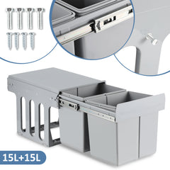 SWANEW 2x Abfallsammler, Einbau Mülleimer 2 x 15L, Mülltrennungssystem Mülleimer küche, Abfalleimer mit Teleskopschienen, für Schränke ab 350 mm Breite