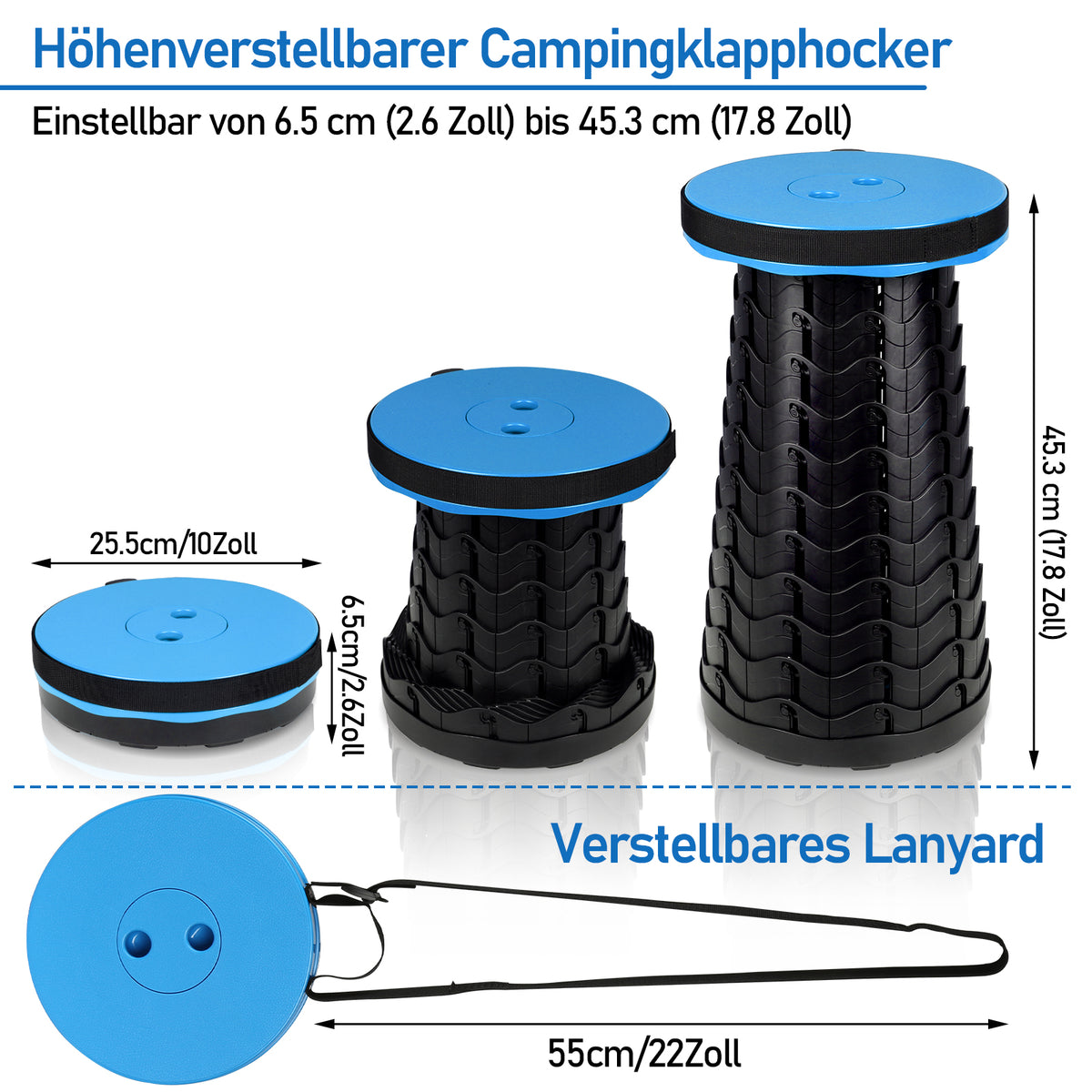 SWANEW Tragbarer Klapphocker, Leichte Teleskophocker, 6-44 cm Höhenverstellbare Falthocker, Tragfähigkeit 150 kg