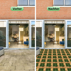 SWANEW Holzfliesen aus Akazien Holz, Balkonfliesen mit Künstlichem Gras, Dekorationsbodenmatte